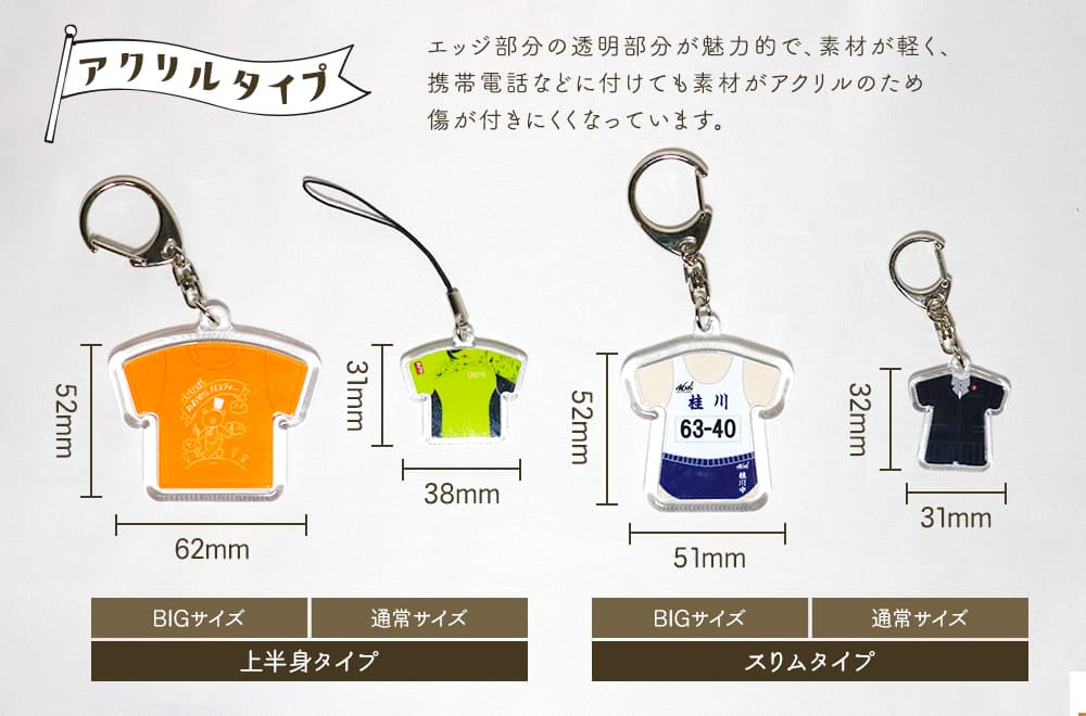 ユニフォームキーホルダー アクリルタイプ エッジ部分の透明部分が魅力的で、素材が軽く、携帯電話やスマートフォンなどに付けても素材がアクリルのため傷が付きにくくなっています。